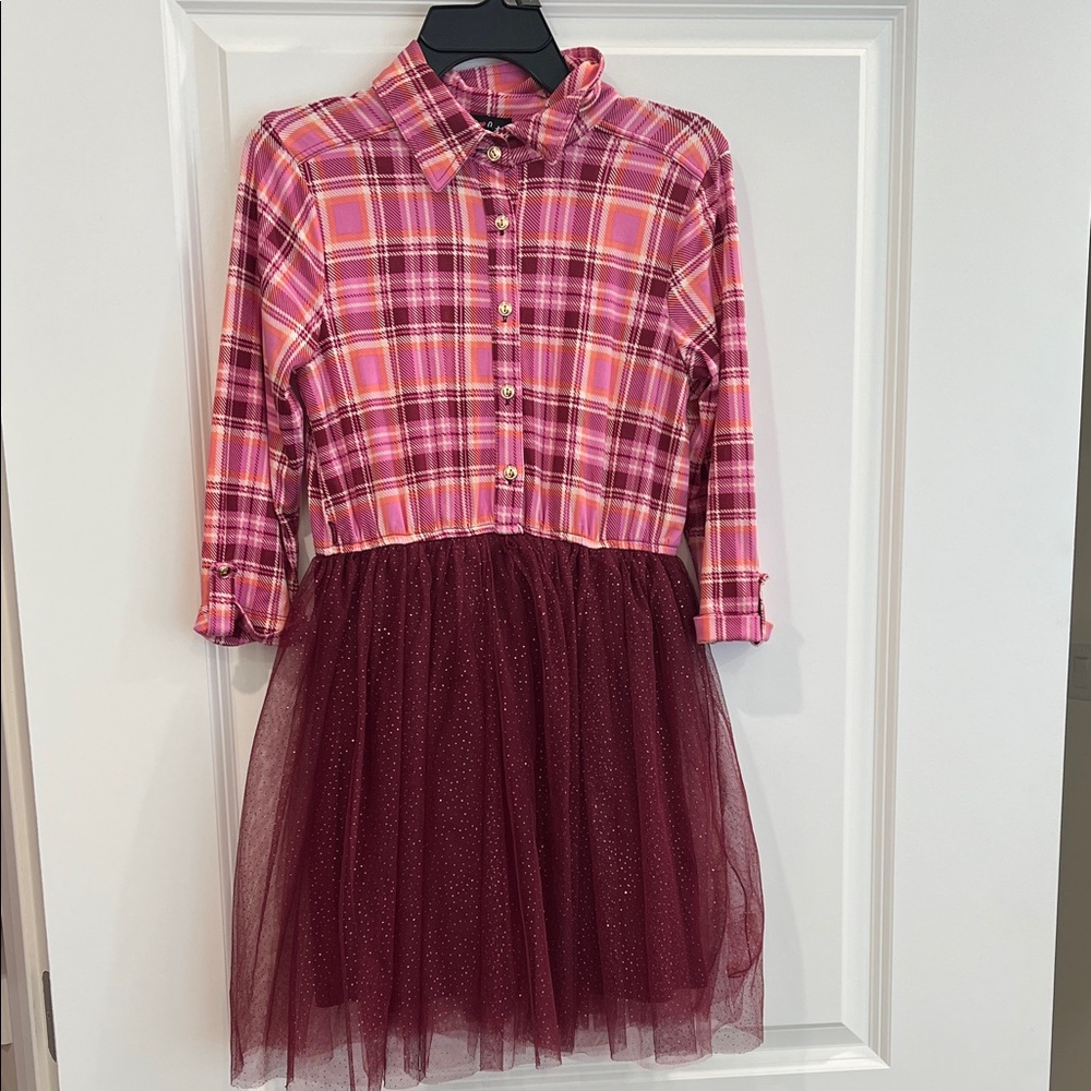 Lilt Pink Plaid Shirt Dress with Burgundy Tulle Skirt EUC